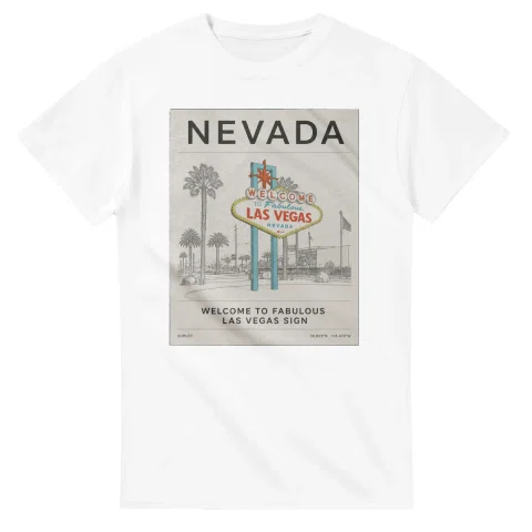Fine-line engraving-style drawing for Nevada, with a landmark caption and small coordinate text.