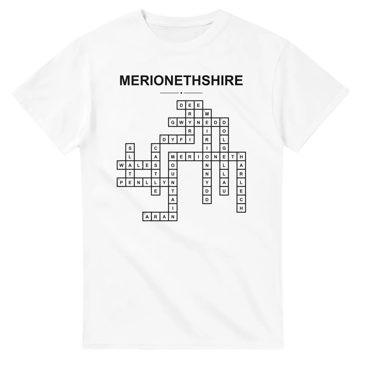 Monochrome crossword sheet for Merionethshire, with a large place-name heading, a letter grid, and numbered across and down clues.