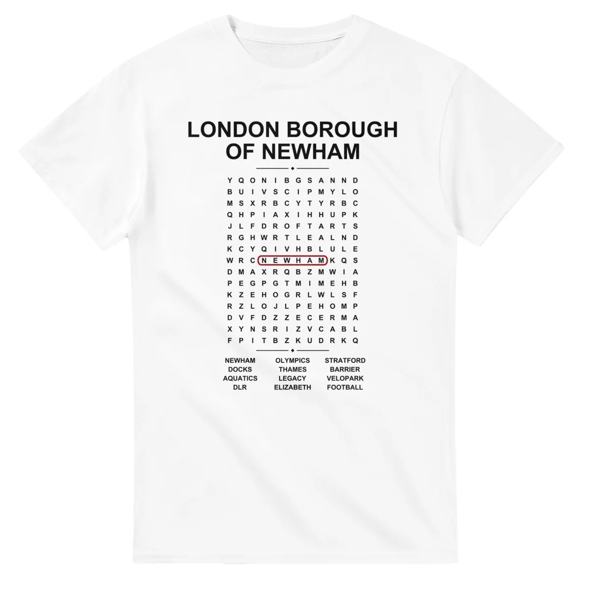 Word-search sheet for London Borough of Newham, with a large place-name heading, a letter grid, a local answer list, and a red highlighted example word.