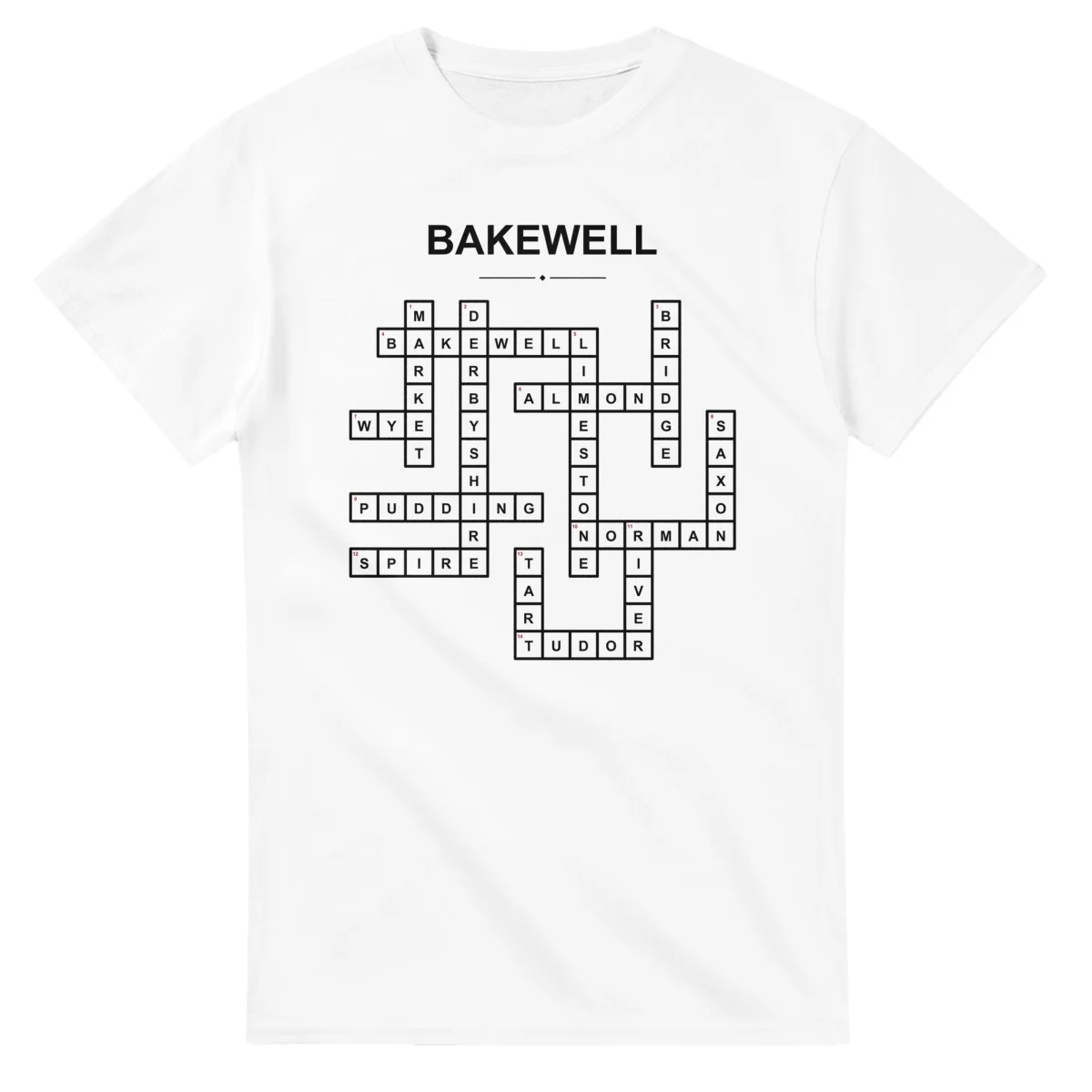 Monochrome crossword sheet for Bakewell, with a large place-name heading, a letter grid, and numbered across and down clues.