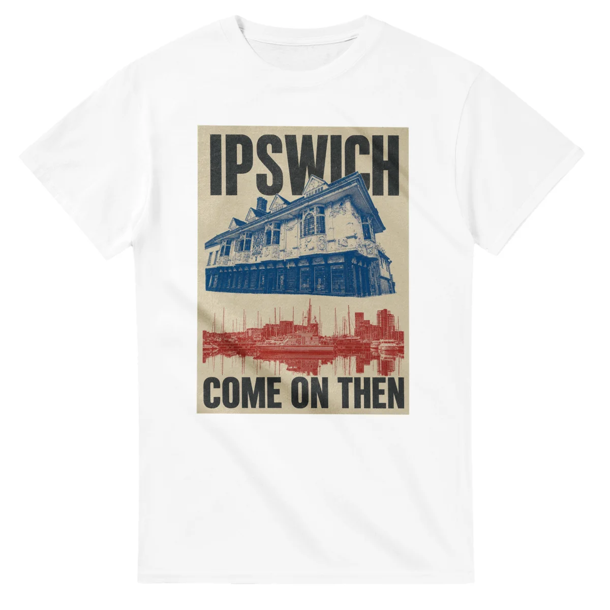 Two-colour scenic illustration for Ipswich, with the place name and COME ON THEN lettering.