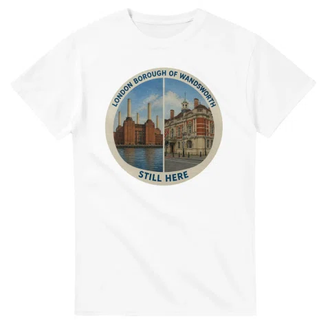 Painted, panelled scenic illustration for London Borough of Wandsworth, with paired local scenes and the place name in lettering.