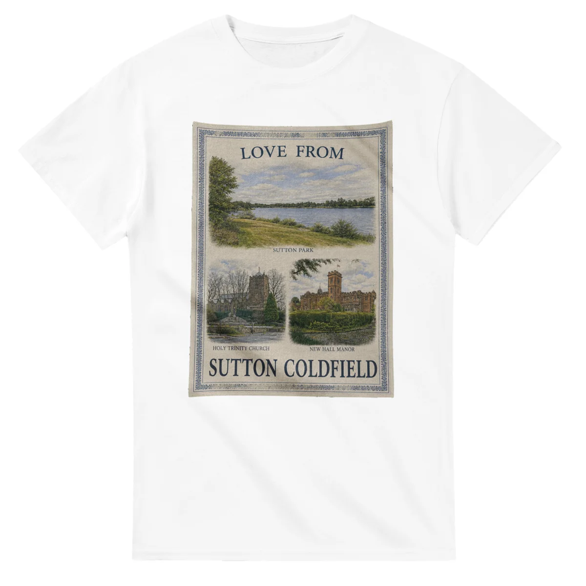 Framed scenic design for Sutton Coldfield, with several local views, a decorative border and LOVE FROM lettering.