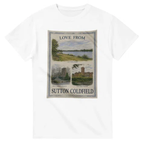 Framed scenic design for Sutton Coldfield, with several local views, a decorative border and LOVE FROM lettering.