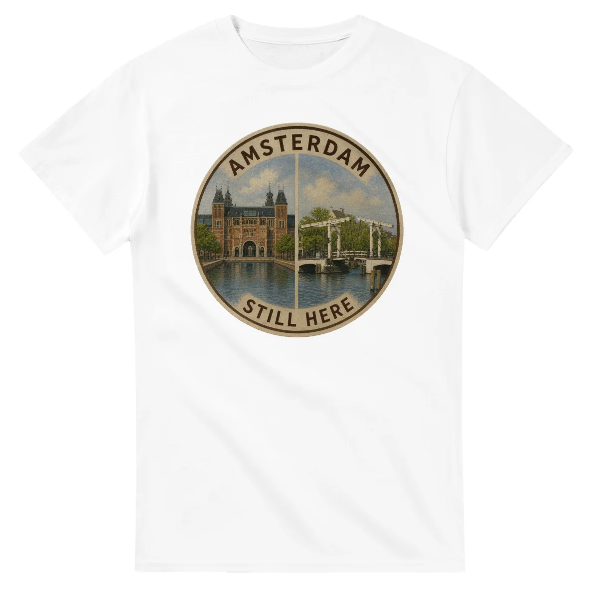 Painted, panelled scenic illustration for Amsterdam, with paired local scenes and the place name in lettering.