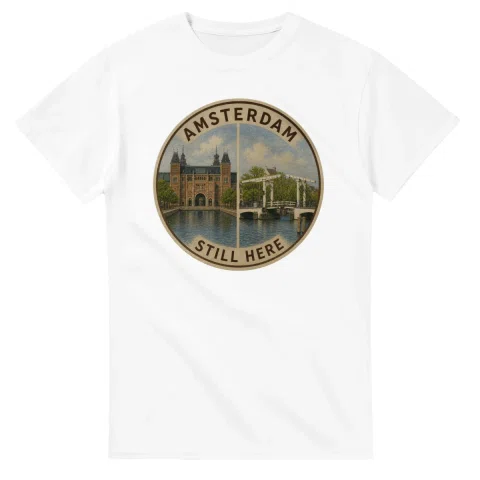 Painted, panelled scenic illustration for Amsterdam, with paired local scenes and the place name in lettering.