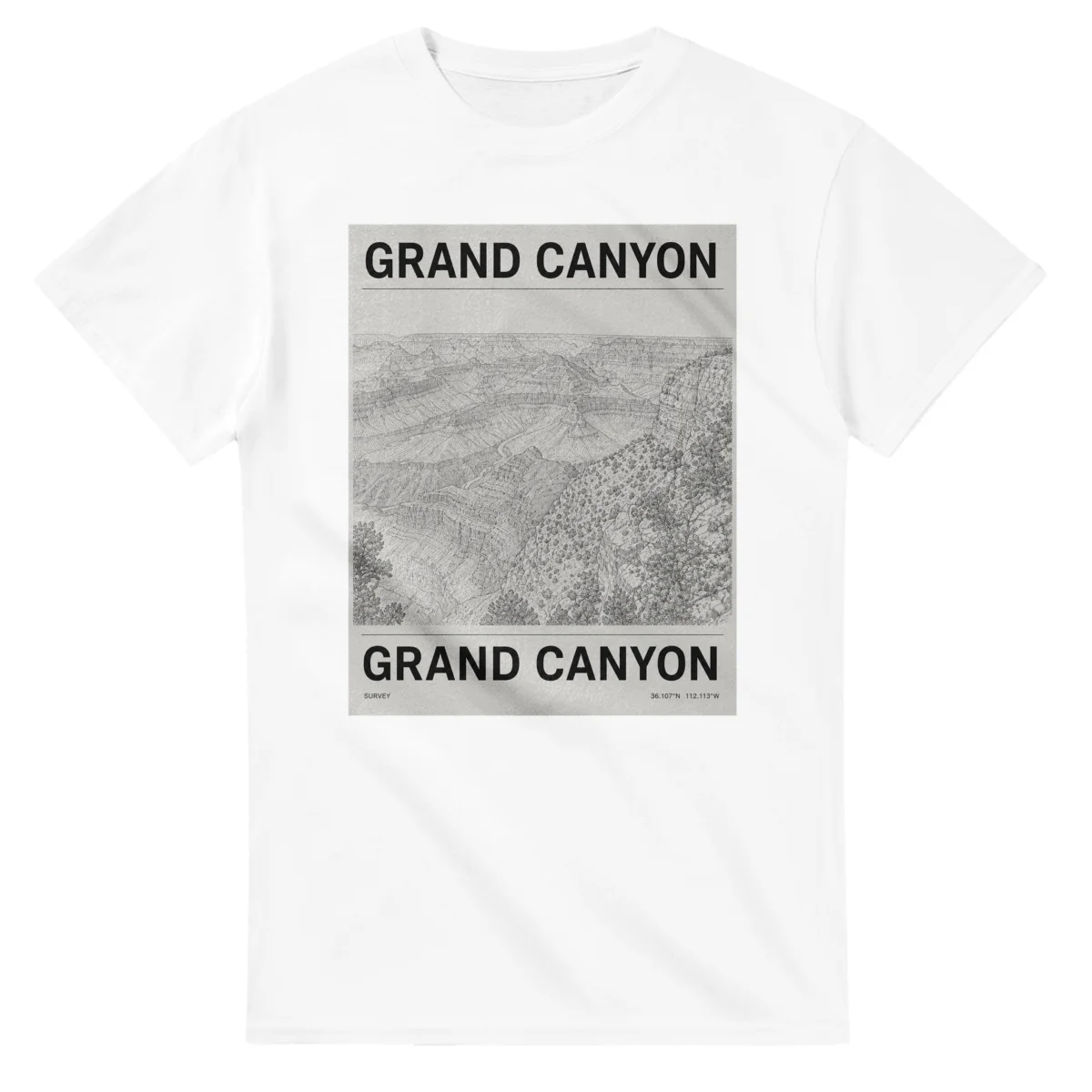 Fine-line engraving-style drawing for Grand Canyon, with a landmark caption and small coordinate text.