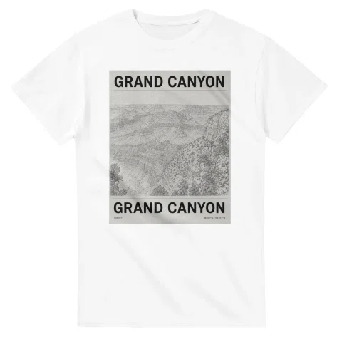 Fine-line engraving-style drawing for Grand Canyon, with a landmark caption and small coordinate text.