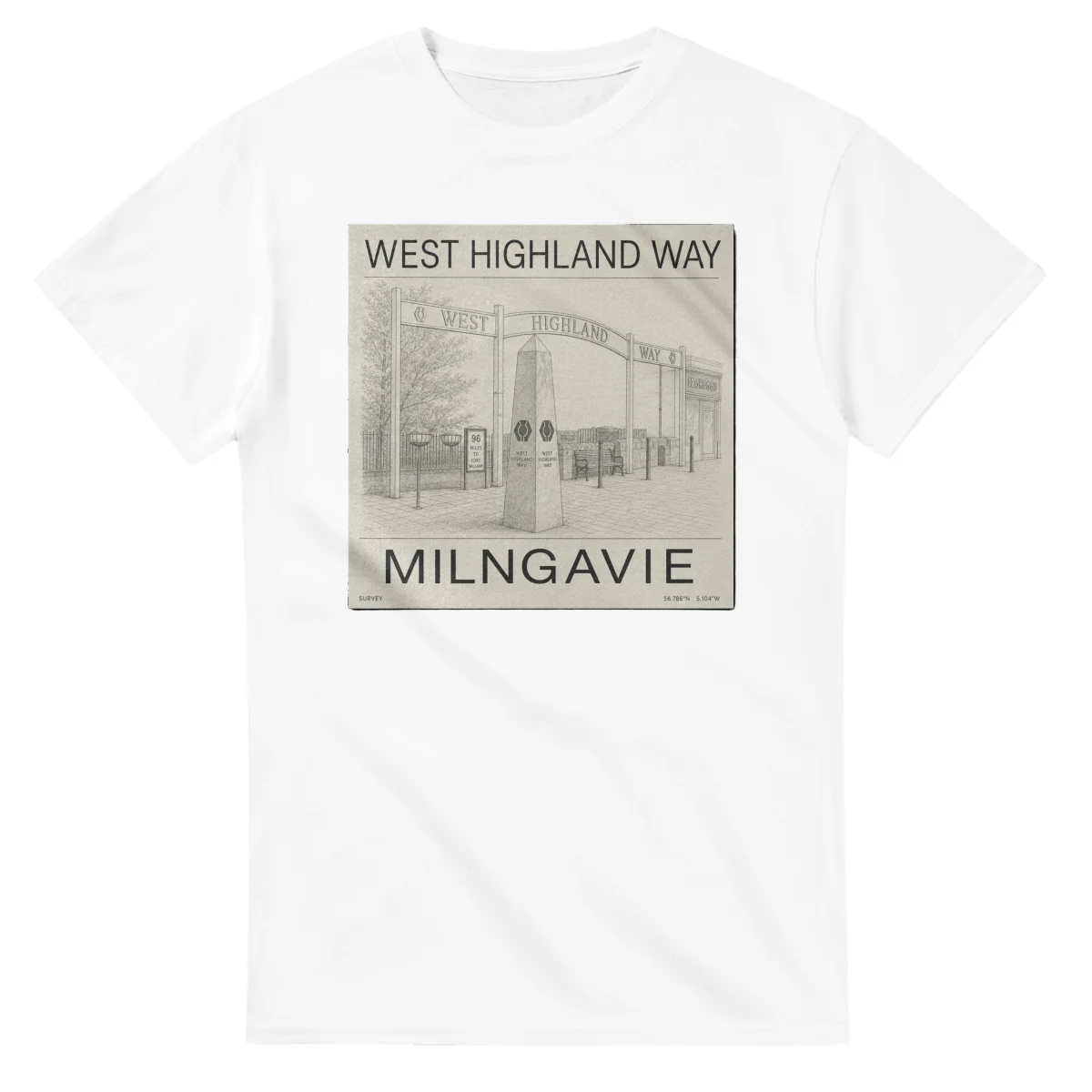 Fine-line engraving-style drawing for West Highland Way, with a landmark caption and small coordinate text.