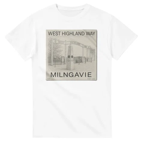 Fine-line engraving-style drawing for West Highland Way, with a landmark caption and small coordinate text.