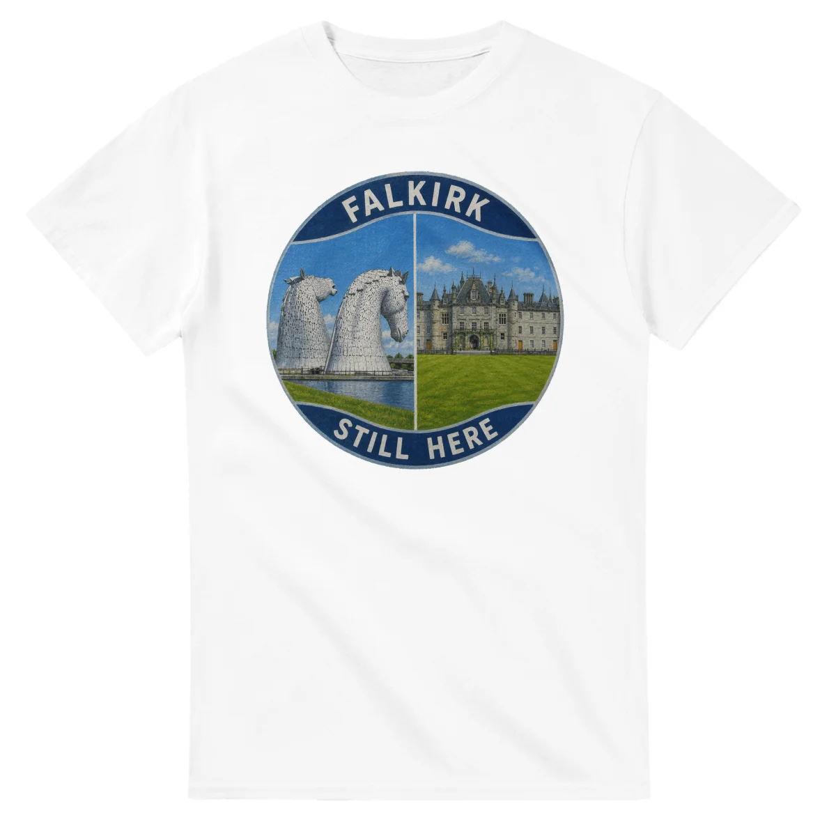 Painted, panelled scenic illustration for Falkirk, with paired local scenes and the place name in lettering.