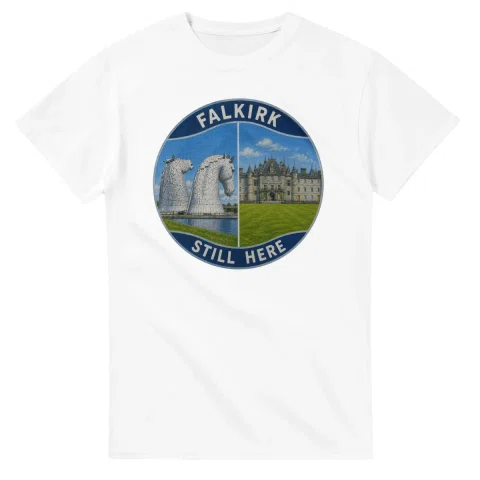 Painted, panelled scenic illustration for Falkirk, with paired local scenes and the place name in lettering.