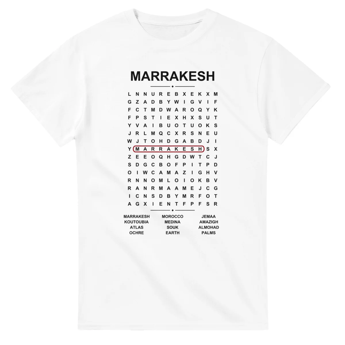 Word-search sheet for Marrakesh, with a large place-name heading, a letter grid, a local answer list, and a red highlighted example word.
