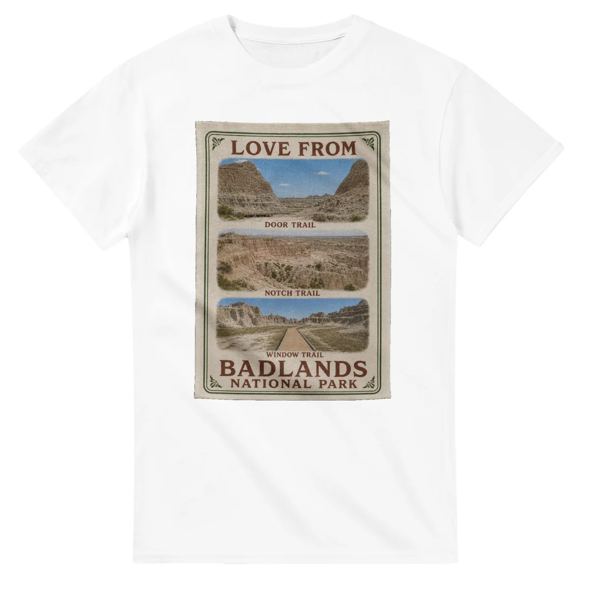 Framed scenic design for Badlands National Park, with several local views, a decorative border and LOVE FROM lettering.