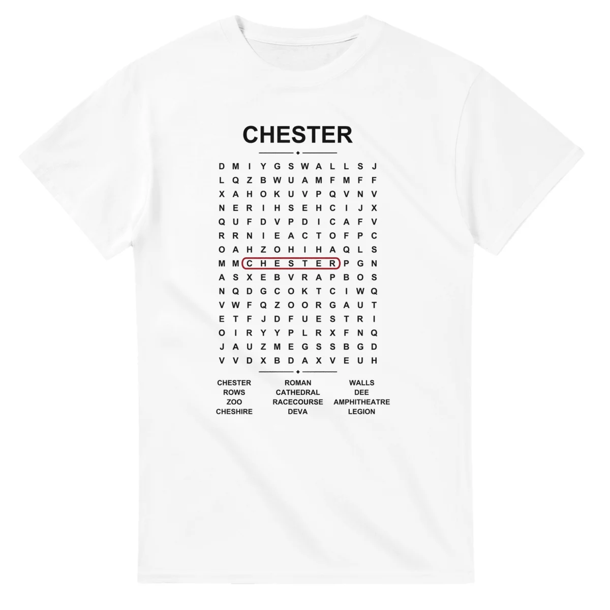 Word-search sheet for Chester, with a large place-name heading, a letter grid, a local answer list, and a red highlighted example word.