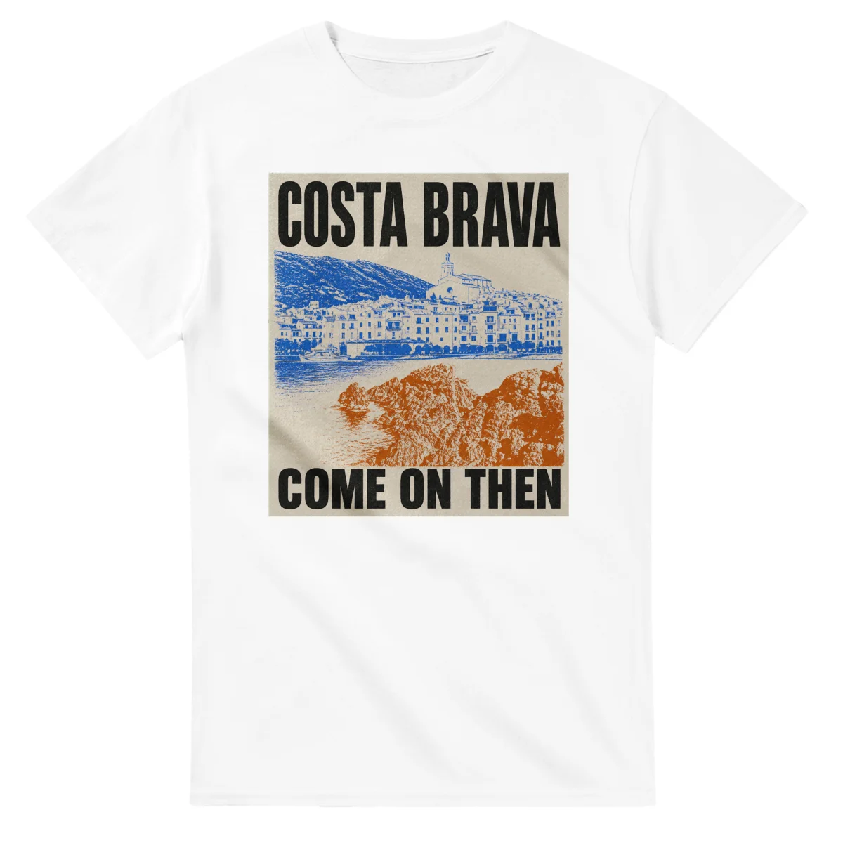 Two-colour scenic illustration for Costa Brava, with the place name and COME ON THEN lettering.