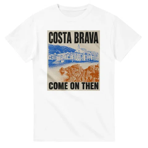 Two-colour scenic illustration for Costa Brava, with the place name and COME ON THEN lettering.