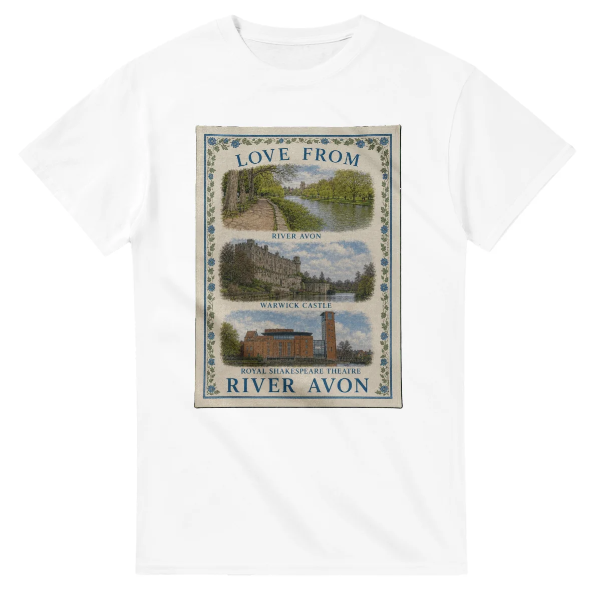 Framed scenic design for River Avon, with several local views, a decorative border and LOVE FROM lettering.