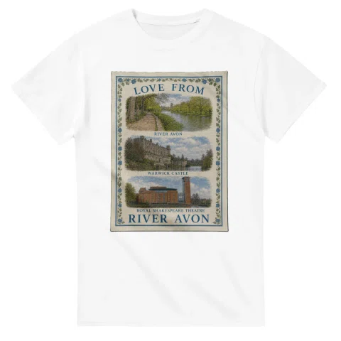 Framed scenic design for River Avon, with several local views, a decorative border and LOVE FROM lettering.