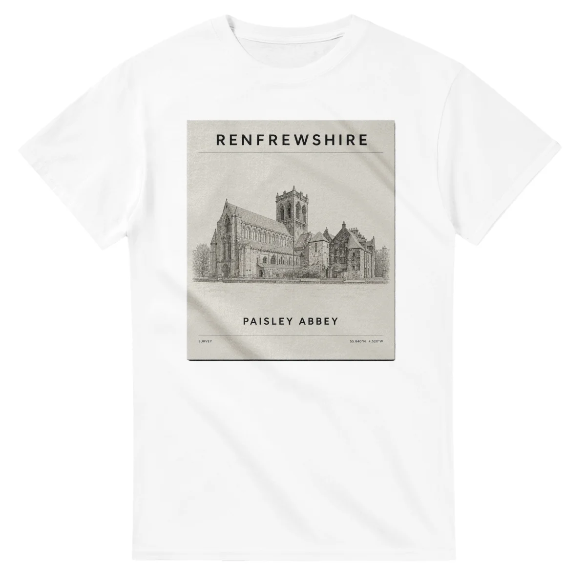 Fine-line engraving-style drawing for Renfrewshire, with a landmark caption and small coordinate text.