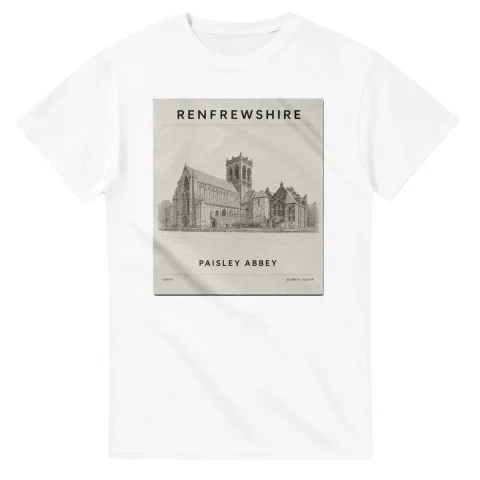 Fine-line engraving-style drawing for Renfrewshire, with a landmark caption and small coordinate text.
