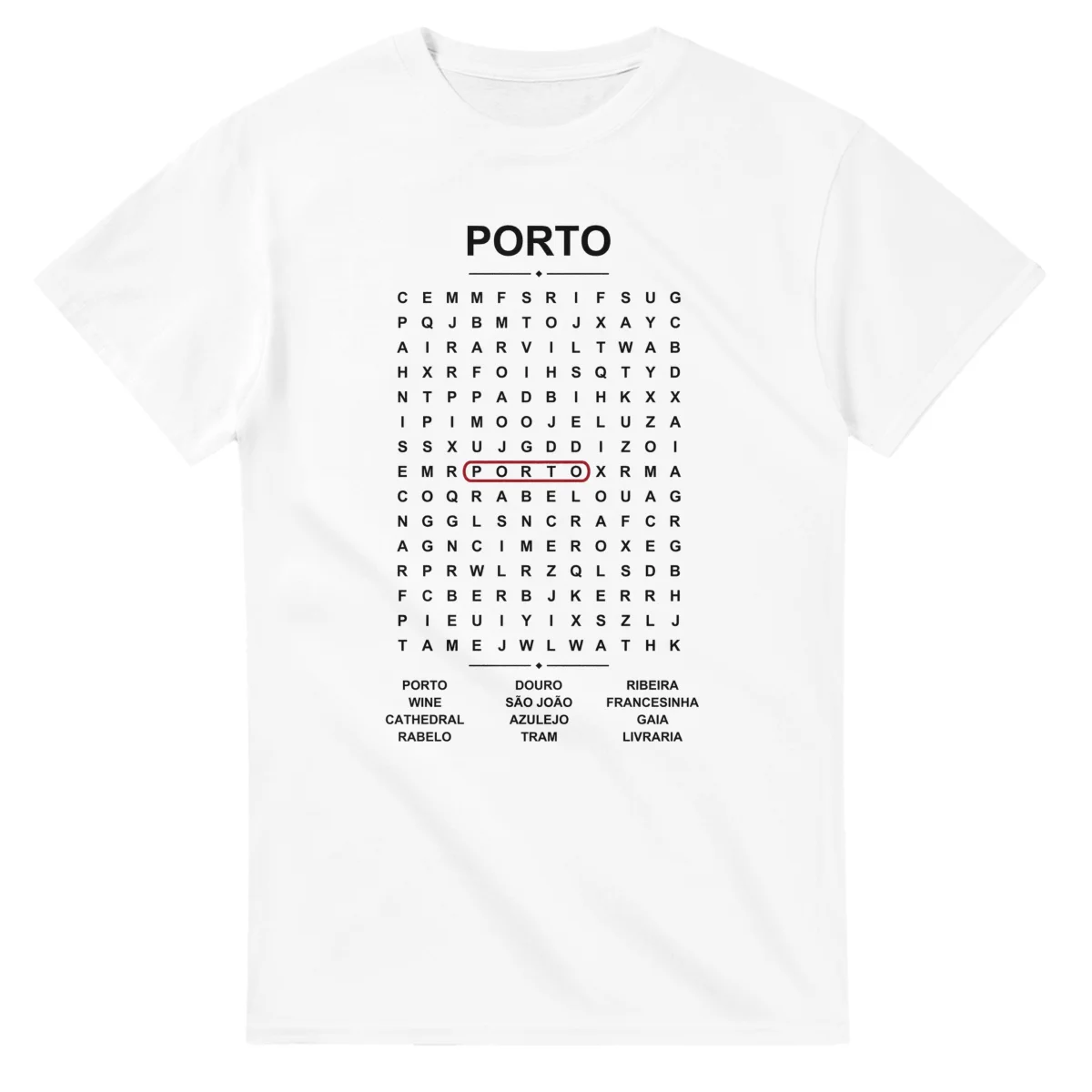 Word-search sheet for Porto, with a large place-name heading, a letter grid, a local answer list, and a red highlighted example word.