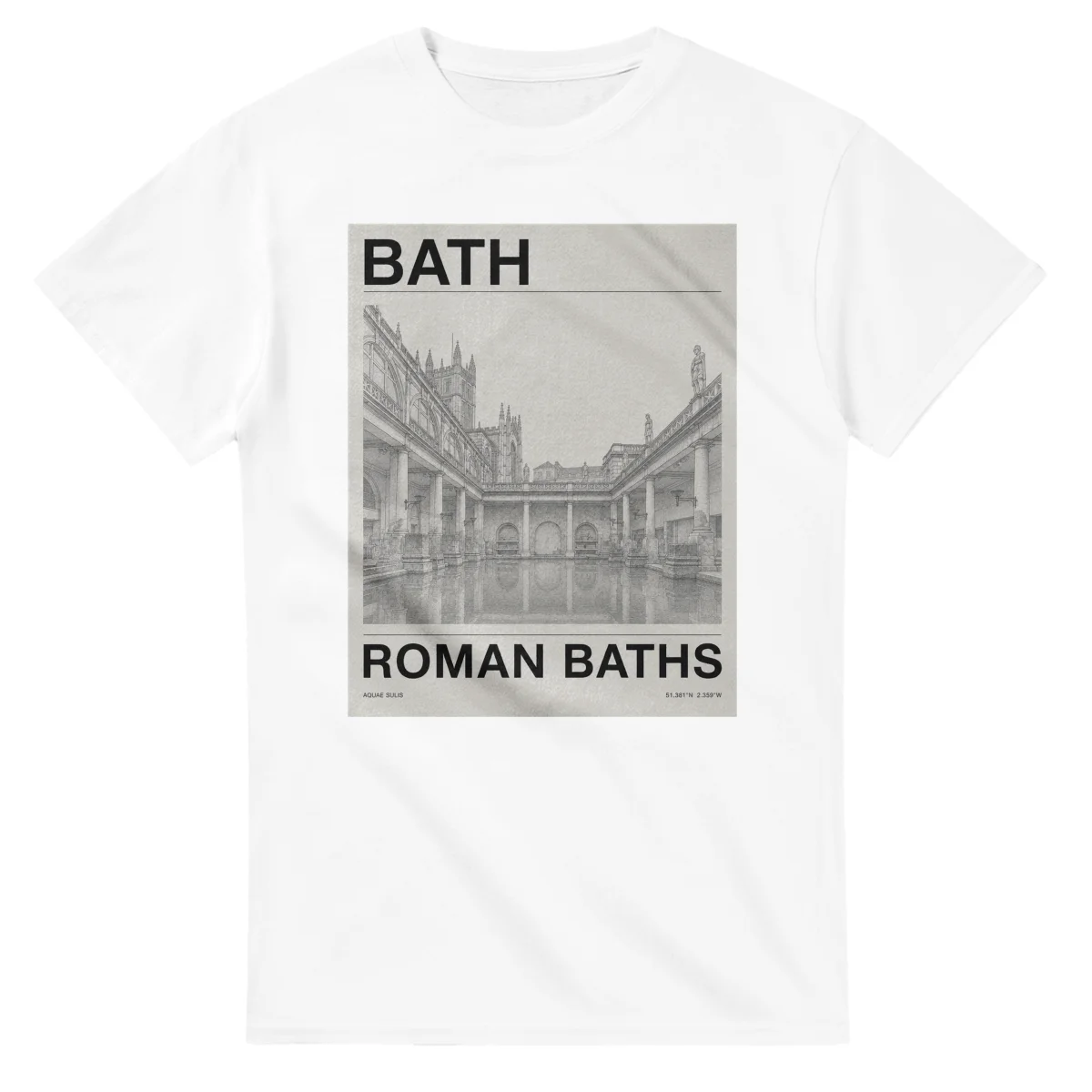Fine-line engraving-style drawing for Bath, with a landmark caption and small coordinate text.