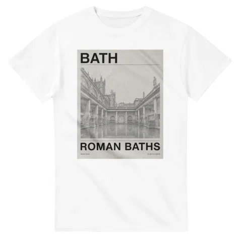 Fine-line engraving-style drawing for Bath, with a landmark caption and small coordinate text.