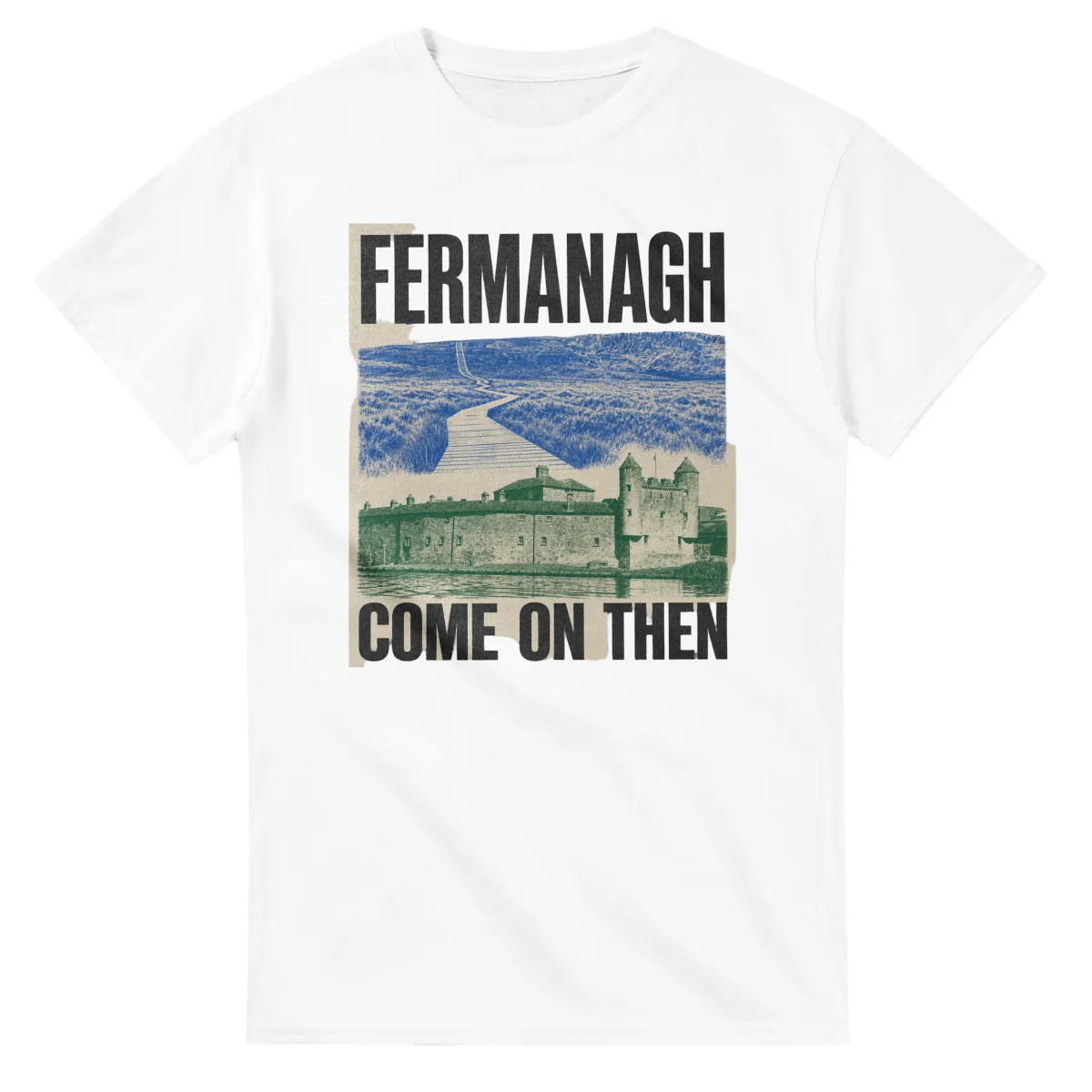Two-colour scenic illustration for Fermanagh, with the place name and COME ON THEN lettering.