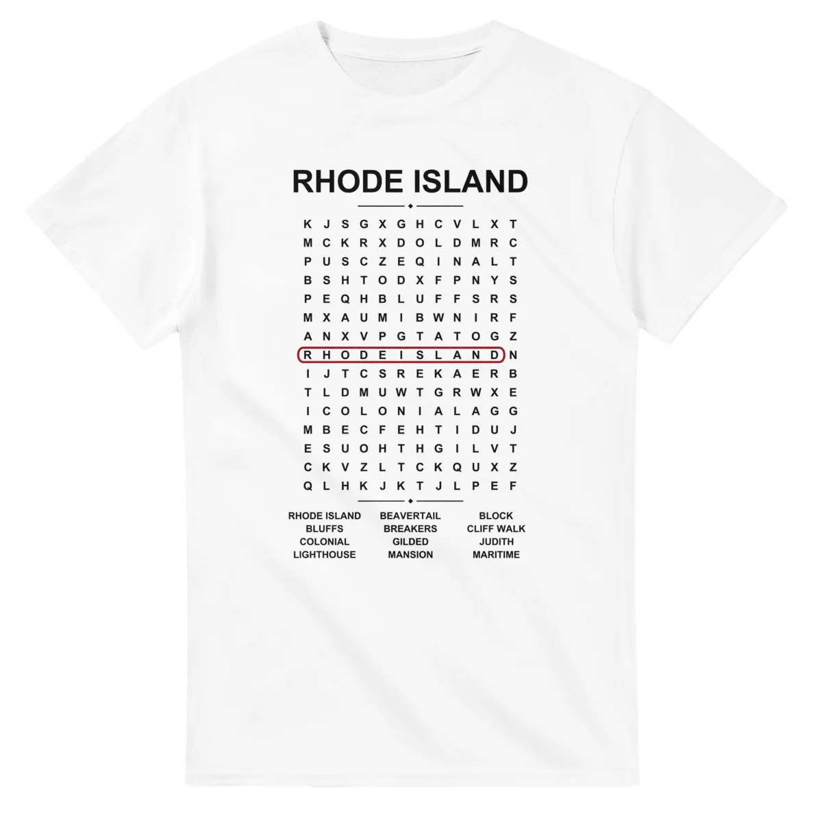Word-search sheet for Rhode Island, with a large place-name heading, a letter grid, a local answer list, and a red highlighted example word.