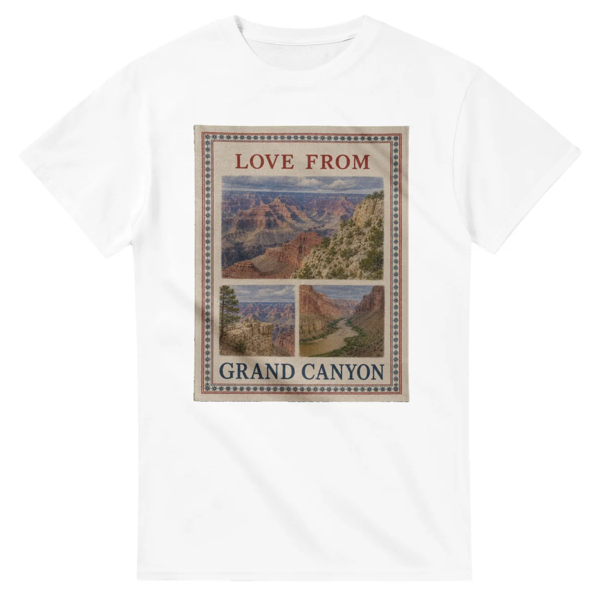 Framed scenic design for Grand Canyon, with several local views, a decorative border and LOVE FROM lettering.