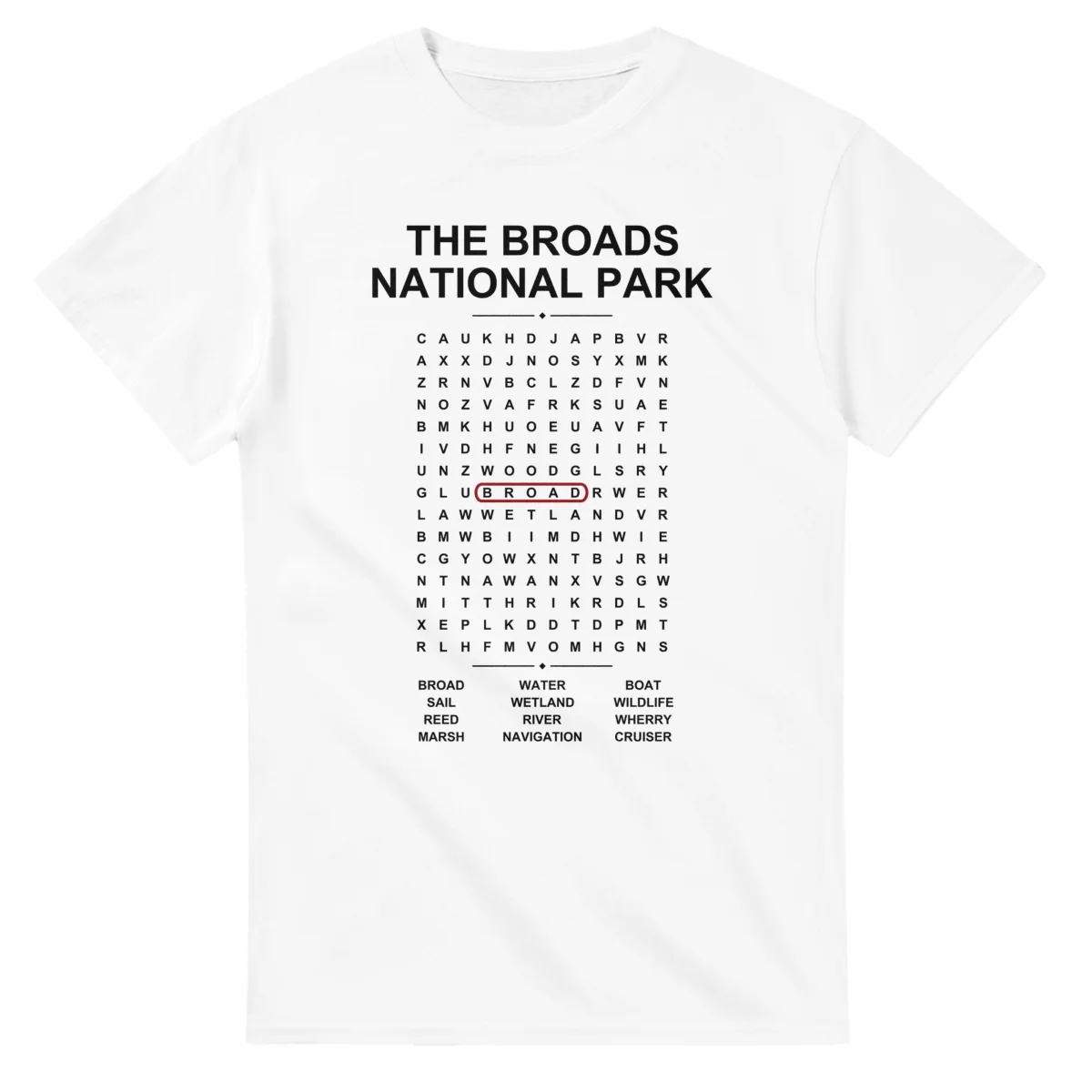 Word-search sheet for The Broads National Park, with a large place-name heading, a letter grid, a local answer list, and a red highlighted example word.