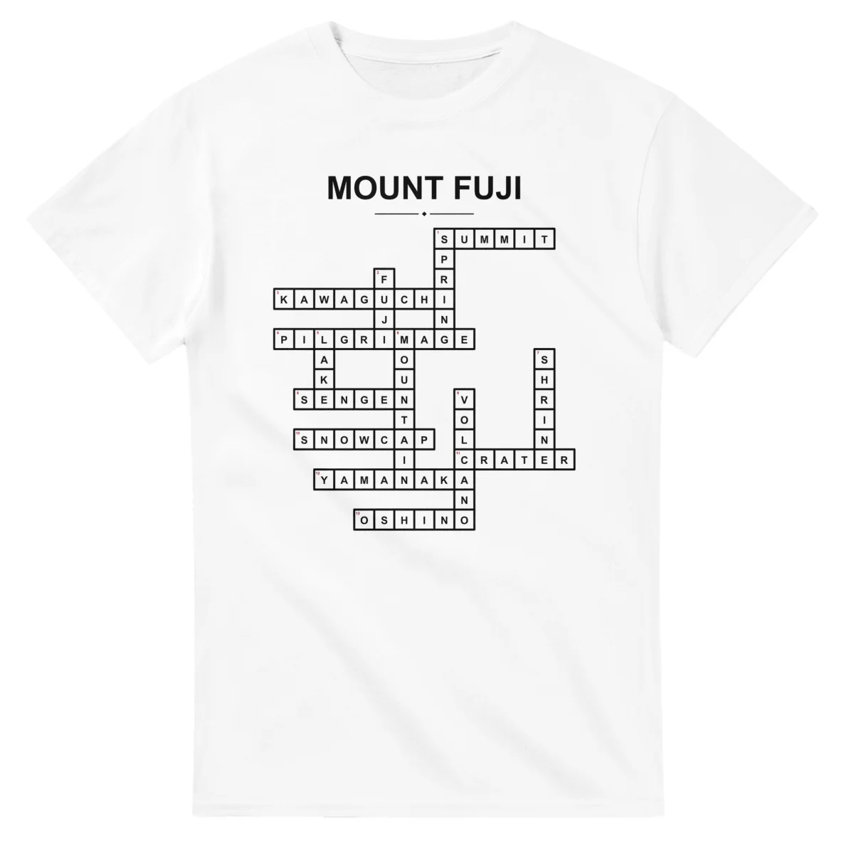 Monochrome crossword sheet for Mount Fuji, with a large place-name heading, a letter grid, and numbered across and down clues.