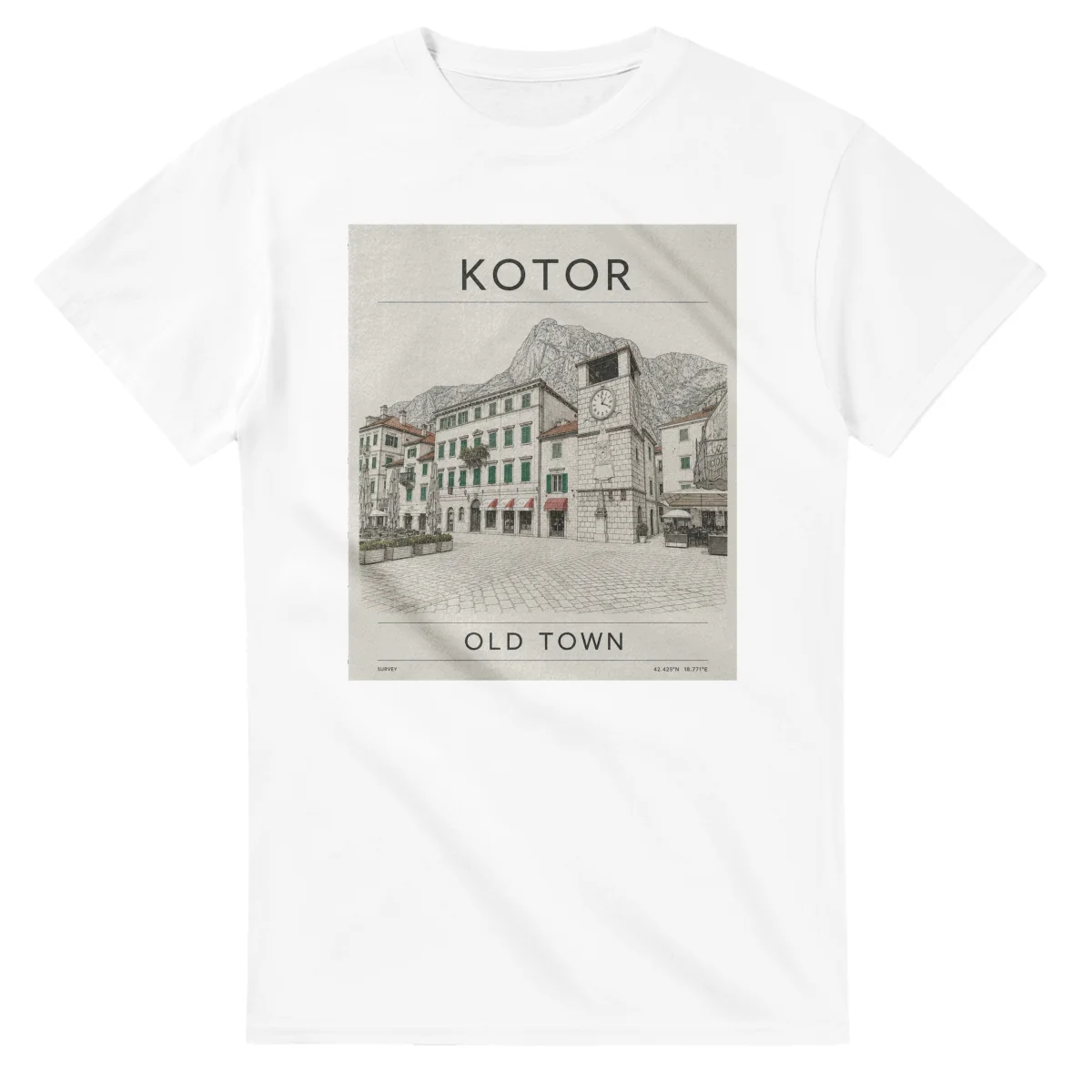 Fine-line engraving-style drawing for Kotor, with a landmark caption and small coordinate text.