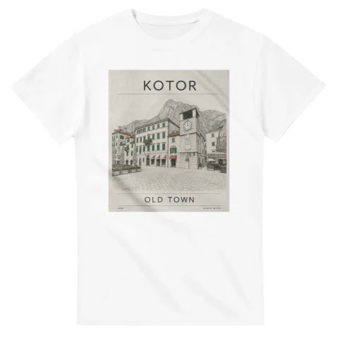 Fine-line engraving-style drawing for Kotor, with a landmark caption and small coordinate text.