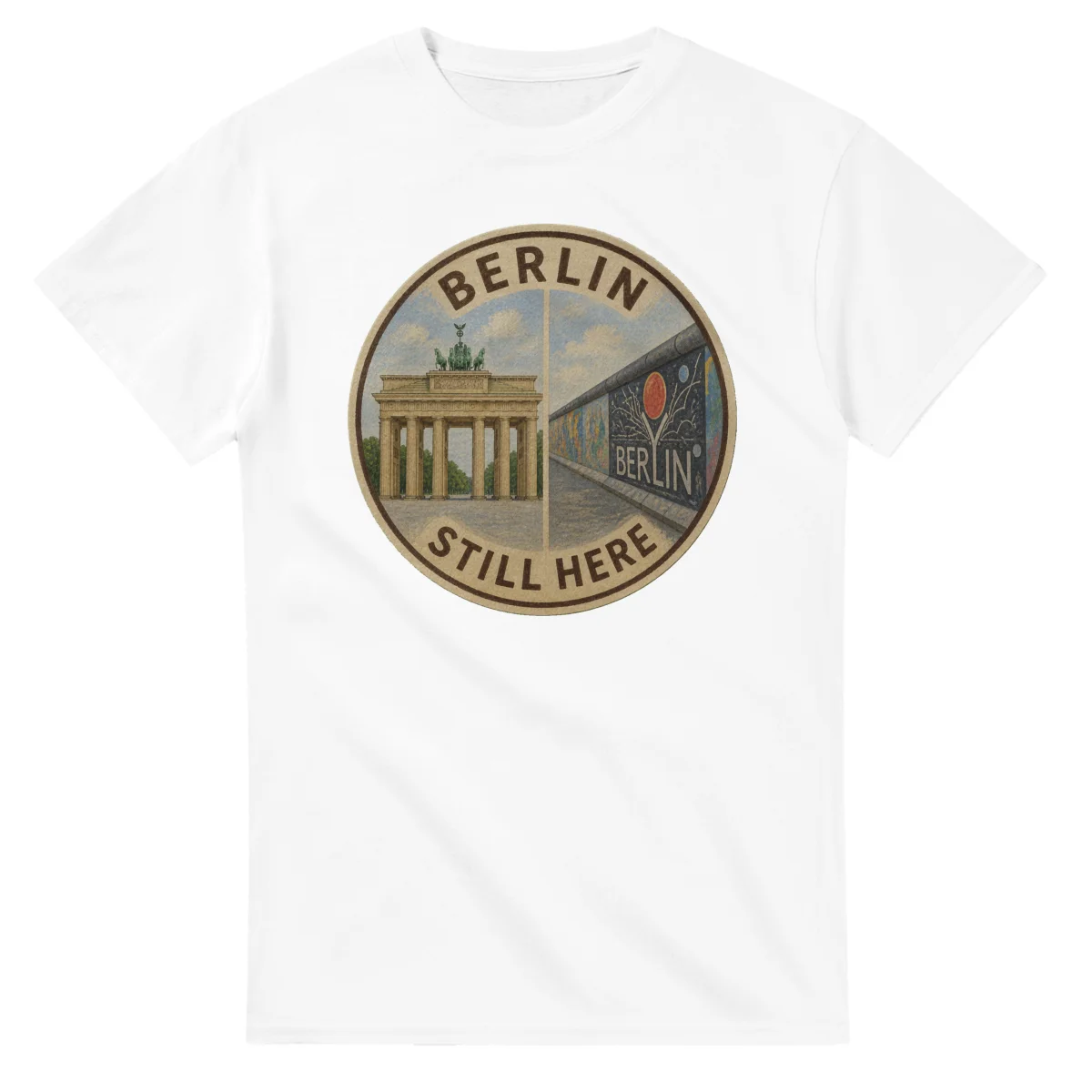 Painted, panelled scenic illustration for Berlin, with paired local scenes and the place name in lettering.