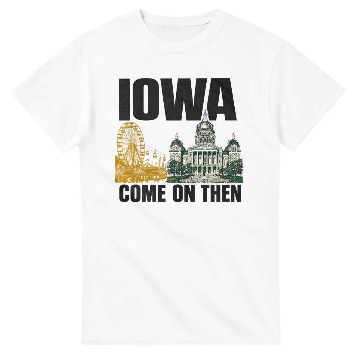 Two-colour scenic illustration for Iowa, with the place name and COME ON THEN lettering.