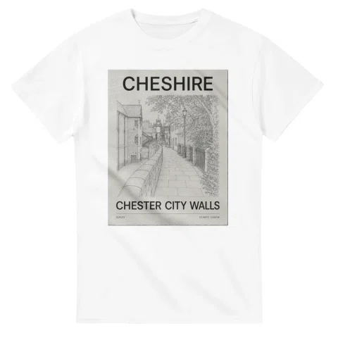 Fine-line engraving-style drawing for Cheshire, with a landmark caption and small coordinate text.