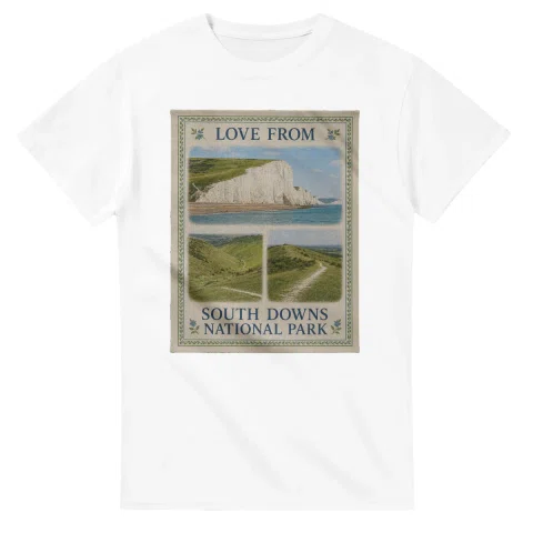 Framed scenic design for South Downs National Park, with several local views, a decorative border and LOVE FROM lettering.