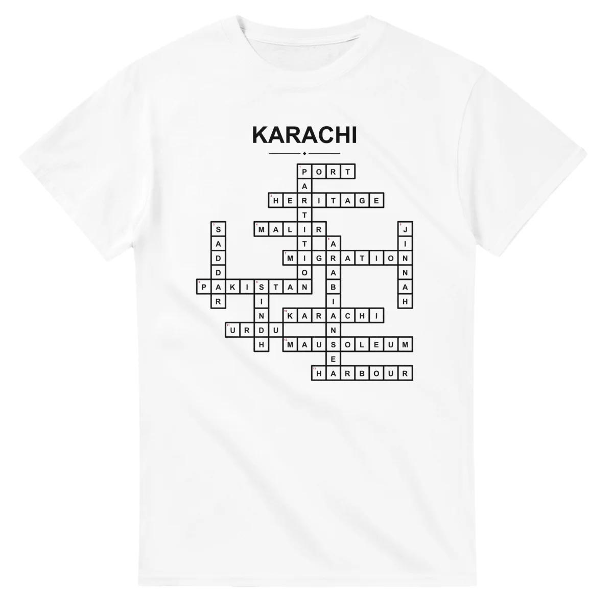 Monochrome crossword sheet for Karachi, with a large place-name heading, a letter grid, and numbered across and down clues.