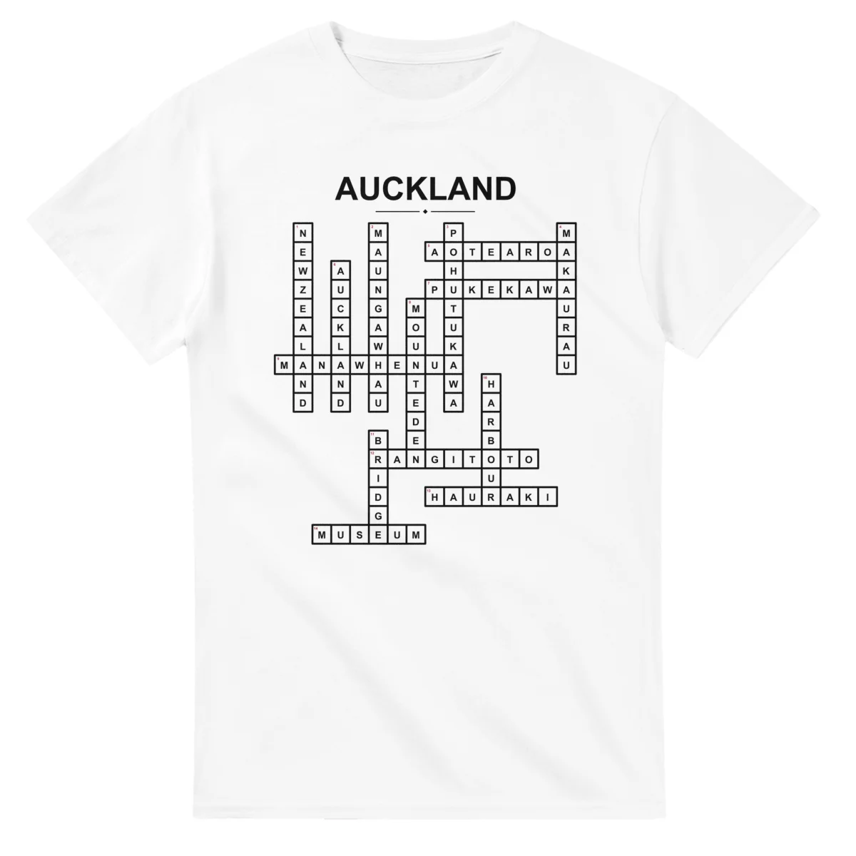 Monochrome crossword sheet for Auckland, with a large place-name heading, a letter grid, and numbered across and down clues.