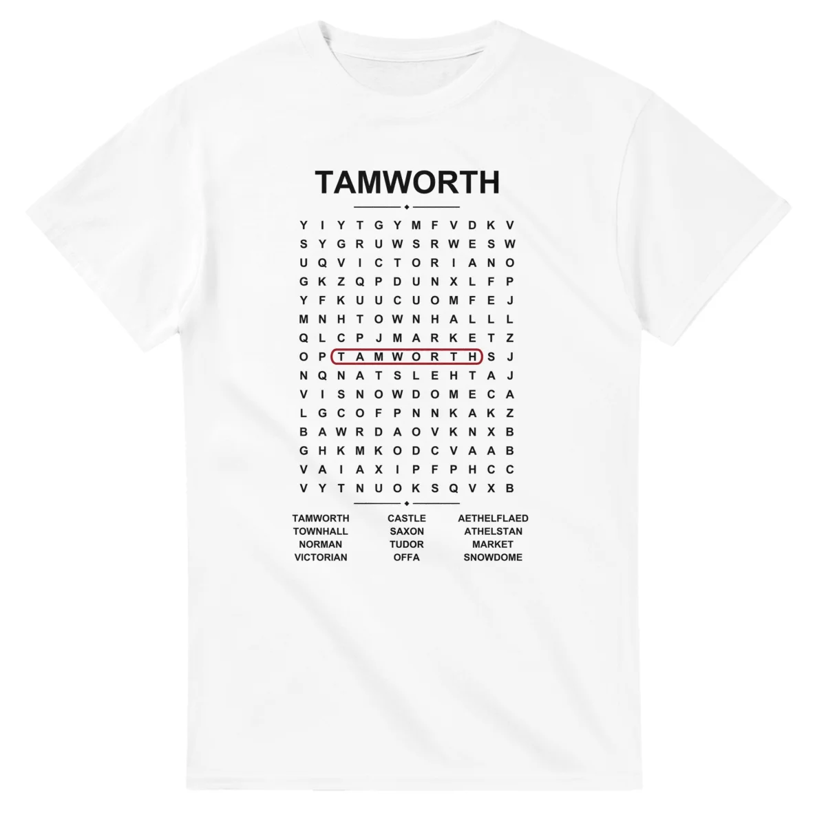 Word-search sheet for Tamworth, with a large place-name heading, a letter grid, a local answer list, and a red highlighted example word.