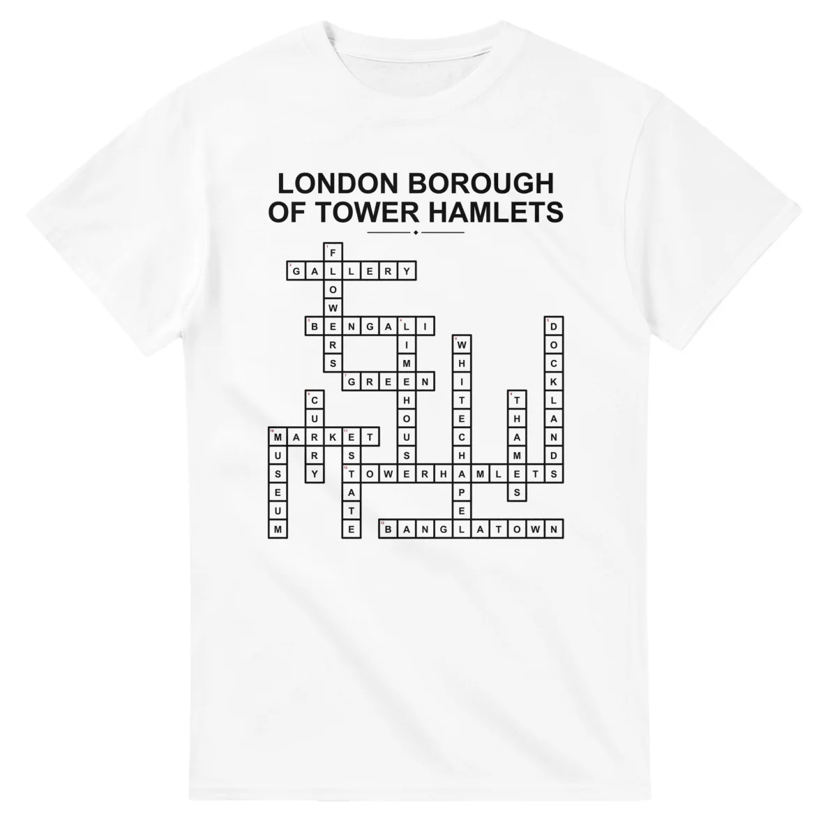 Monochrome crossword sheet for London Borough of Tower Hamlets, with a large place-name heading, a letter grid, and numbered across and down clues.