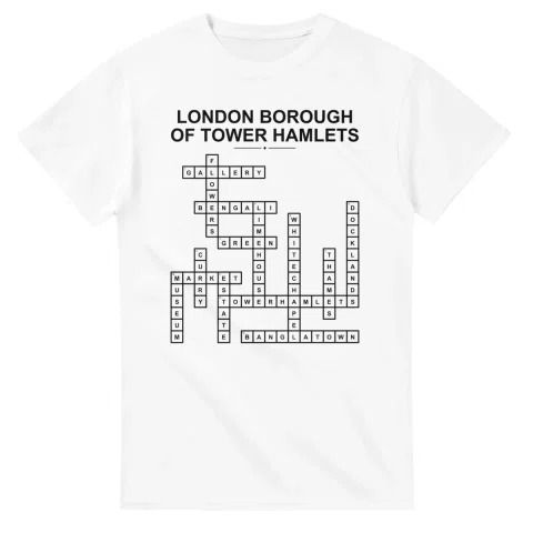 Monochrome crossword sheet for London Borough of Tower Hamlets, with a large place-name heading, a letter grid, and numbered across and down clues.