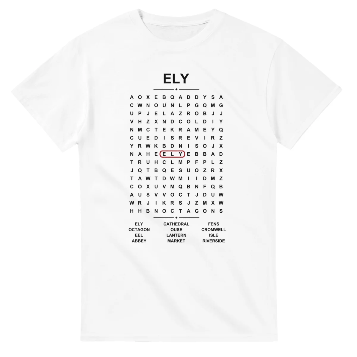 Word-search sheet for Ely, with a large place-name heading, a letter grid, a local answer list, and a red highlighted example word.