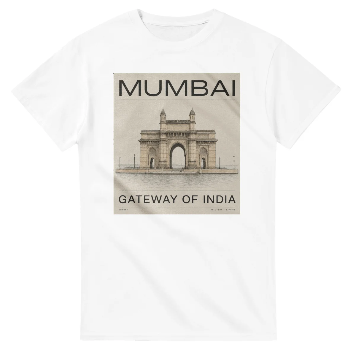 Fine-line engraving-style drawing for Mumbai, with a landmark caption and small coordinate text.