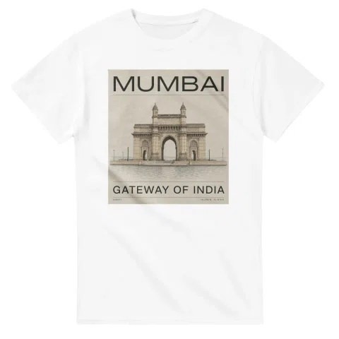Fine-line engraving-style drawing for Mumbai, with a landmark caption and small coordinate text.