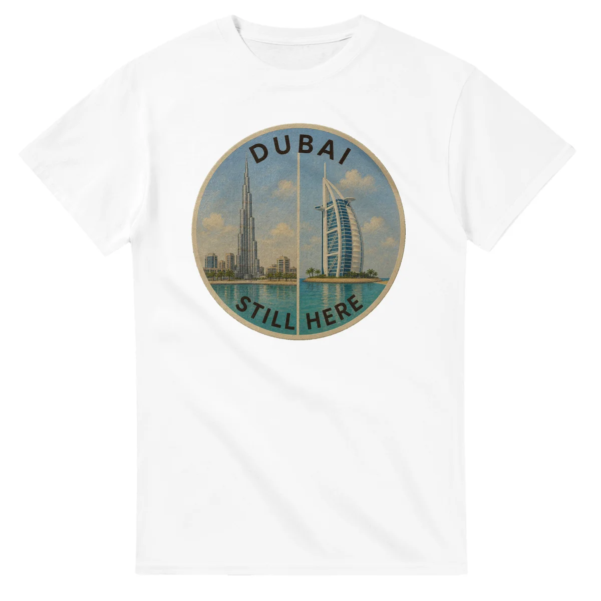 Painted, panelled scenic illustration for Dubai, with paired local scenes and the place name in lettering.