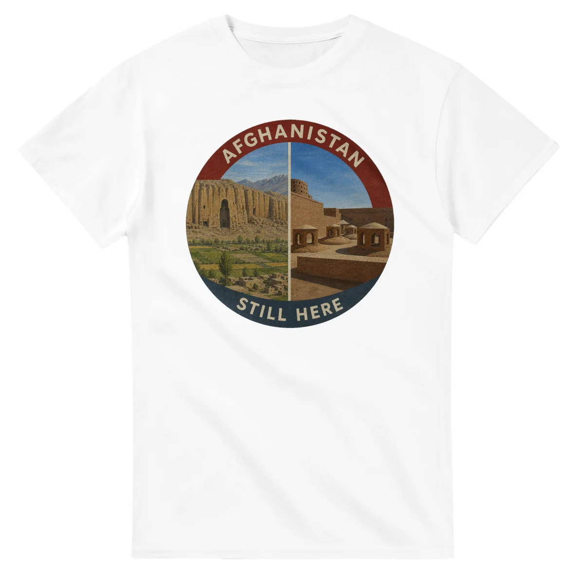 Painted, panelled scenic illustration for Afghanistan, with paired local scenes and the place name in lettering.