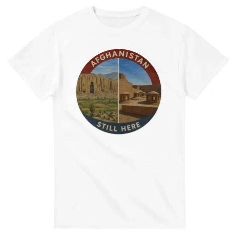 Painted, panelled scenic illustration for Afghanistan, with paired local scenes and the place name in lettering.